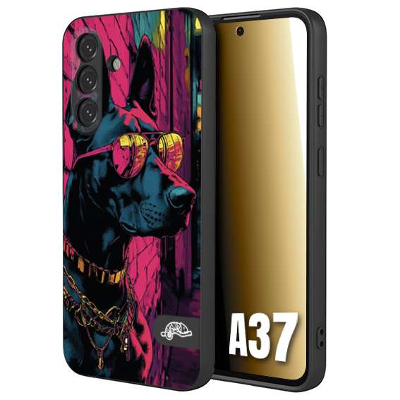 CUSTOMIZZA - Custodia cover nera morbida in tpu compatibile per Samsung A37 animali cyberpunk dobermann cane street dog fucsia blu