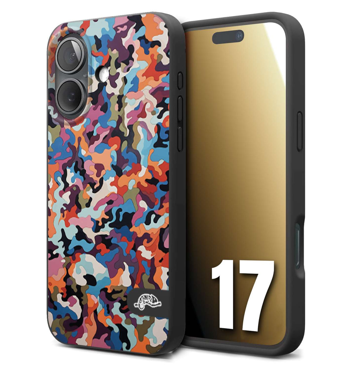 CUSTOMIZZA - Custodia cover nera morbida in tpu compatibile per iPhone 17 camouflage mimetico militare moderno blu arancio rosa