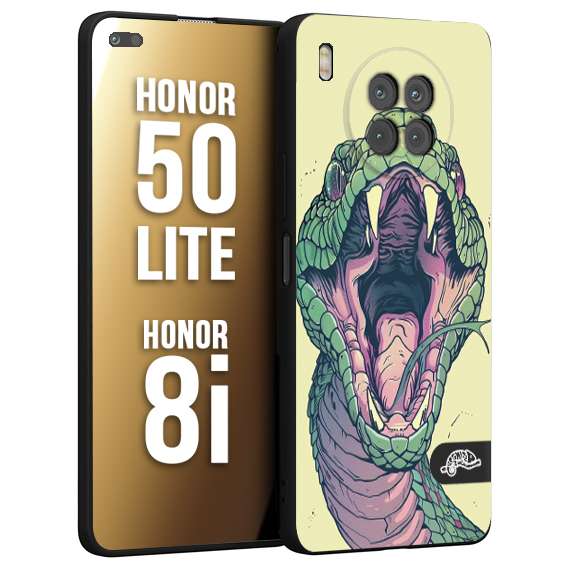 CUSTOMIZZA - Custodia cover nera morbida in tpu compatibile per Honor 8i - Honor 50 LITE snake yellow green serpente tatuaggio tattoo disegnato a mano