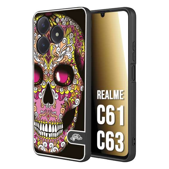 CUSTOMIZZA - Custodia cover nera morbida in tpu compatibile per Realme C61 - C63 teschio messicano Mexican skull rosa gialla