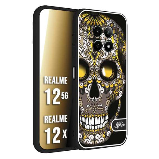 CUSTOMIZZA - Custodia cover nera morbida in tpu compatibile per Realme 12 5G - 12X teschio messicano Mexican skull nero giallo