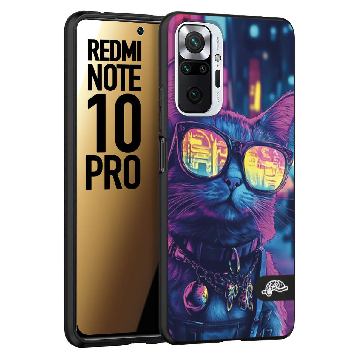 CUSTOMIZZA - Custodia cover nera morbida in tpu compatibile per Xiaomi Redmi Note 10 PRO animali cyberpunk gatto street cat fucsia blu giallo