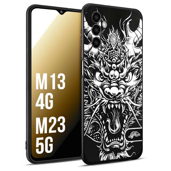 CUSTOMIZZA - Custodia cover nera morbida in tpu compatibile per Samsung M13 4G - M23 5G drago black and white bianco a rilievo disegnato tattoo tatuaggio