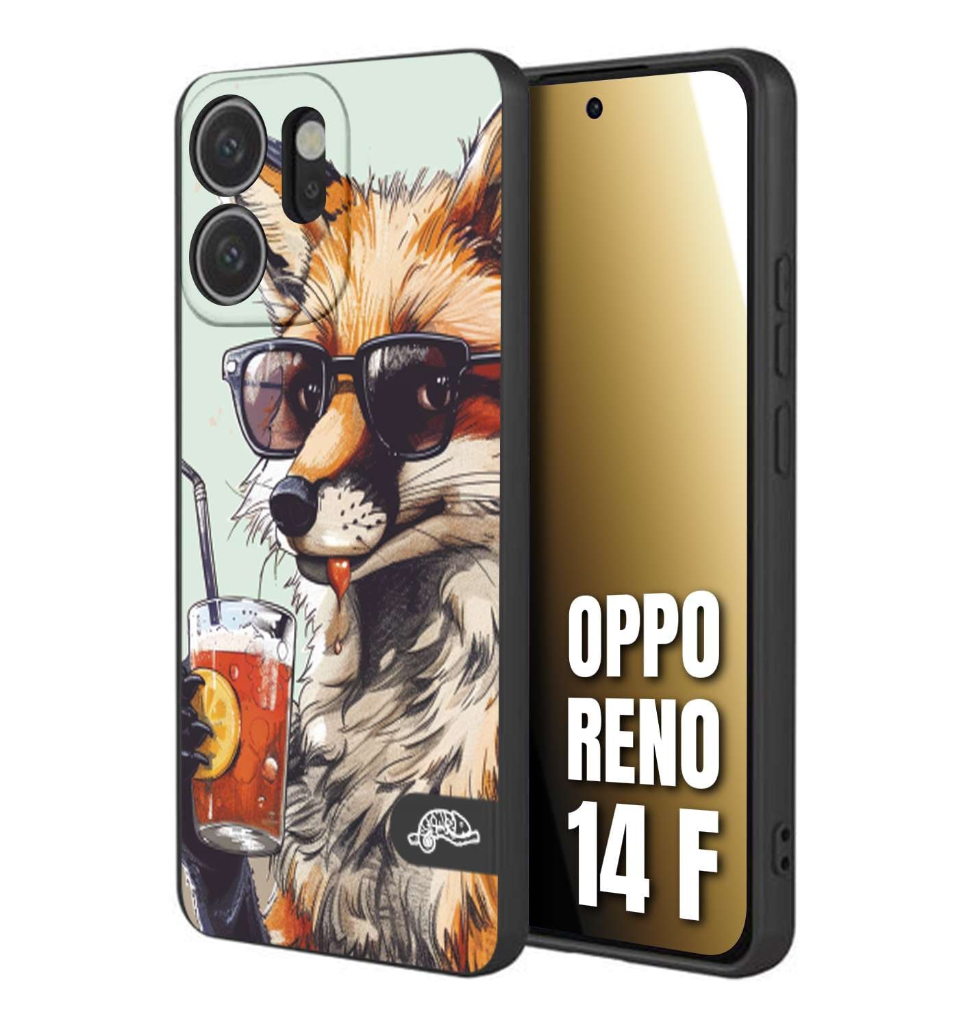 CUSTOMIZZA - Custodia cover nera morbida in tpu compatibile per Oppo Reno 14 F estate disegnata cocktails animali simpatici fox volpe negroni