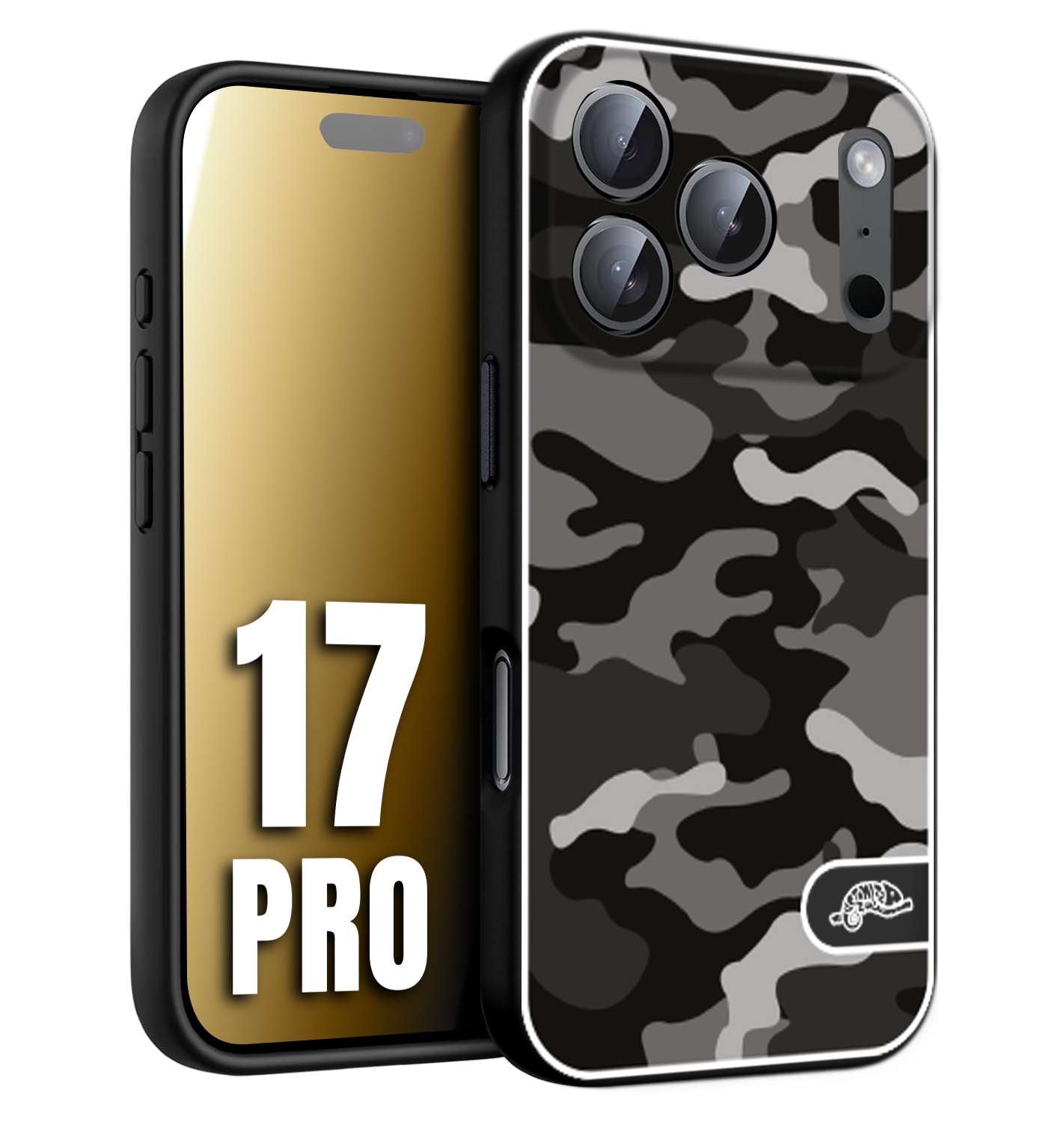 CUSTOMIZZA - Custodia cover nera morbida in tpu compatibile per iPhone 17 PRO camouflage mimetico militare nero black grigio