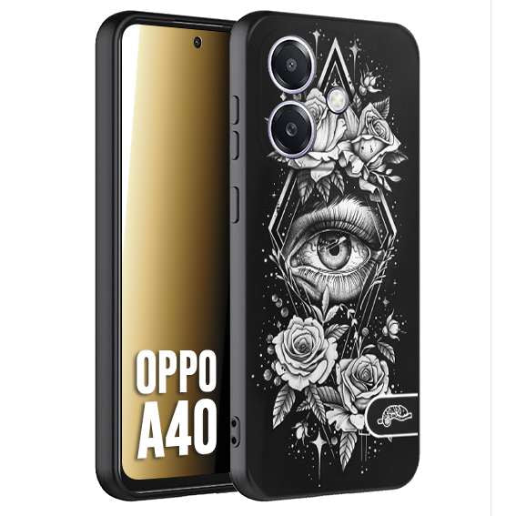 CUSTOMIZZA - Custodia cover nera morbida in tpu compatibile per Oppo A40 occhio fiori rombo geometrico black and white bianco a rilievo disegnato tattoo tatuaggio
