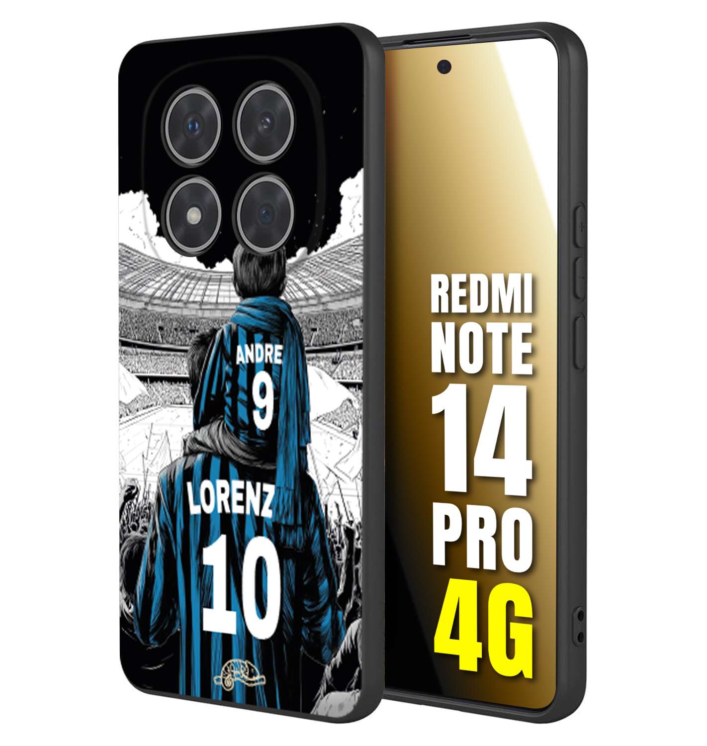 CUSTOMIZZA - Custodia cover nera morbida in tpu compatibile per Xiaomi Redmi Note 14 PRO 4G personalizzata calcio football padre e figlio calciatori nerazzurra