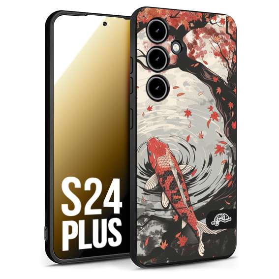 CUSTOMIZZA - Custodia cover nera morbida in tpu compatibile per Samsung S24 PLUS giapponese lago carpa koi rossa con foglie d'acero rosso disegnata tattoo