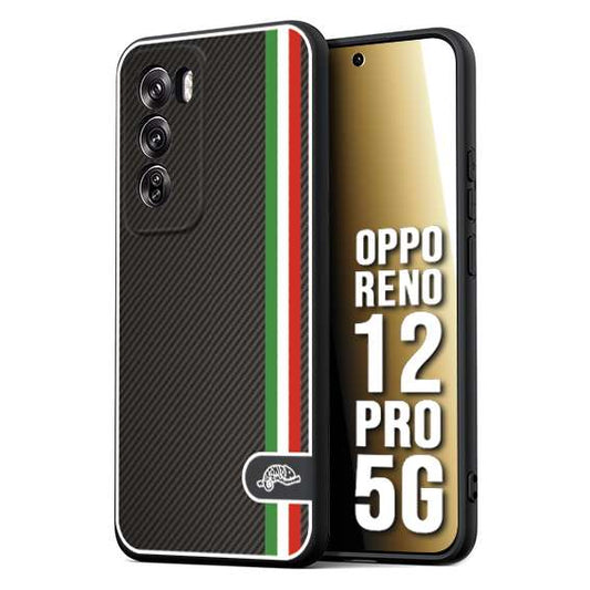 CUSTOMIZZA - Custodia cover nera morbida in tpu compatibile per Oppo Reno 12 PRO 5G effetto fibra di carbonio bandiera Italia made in Italy