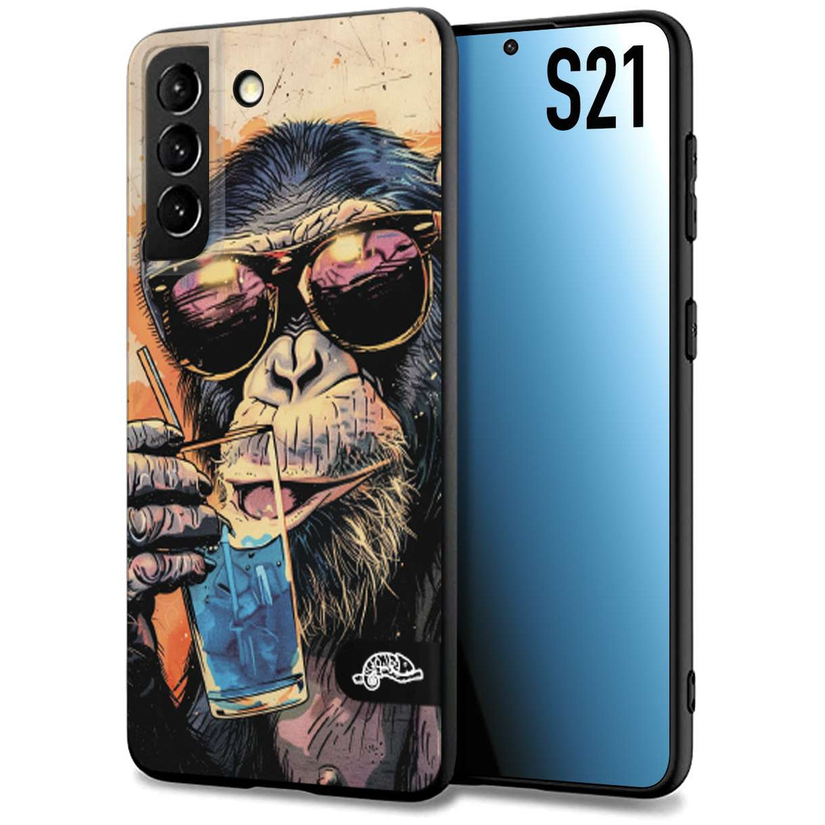 CUSTOMIZZA - Custodia cover nera morbida in tpu compatibile per Samsung S21 estate disegnata cocktails animali simpatici scimmia monkey negroni