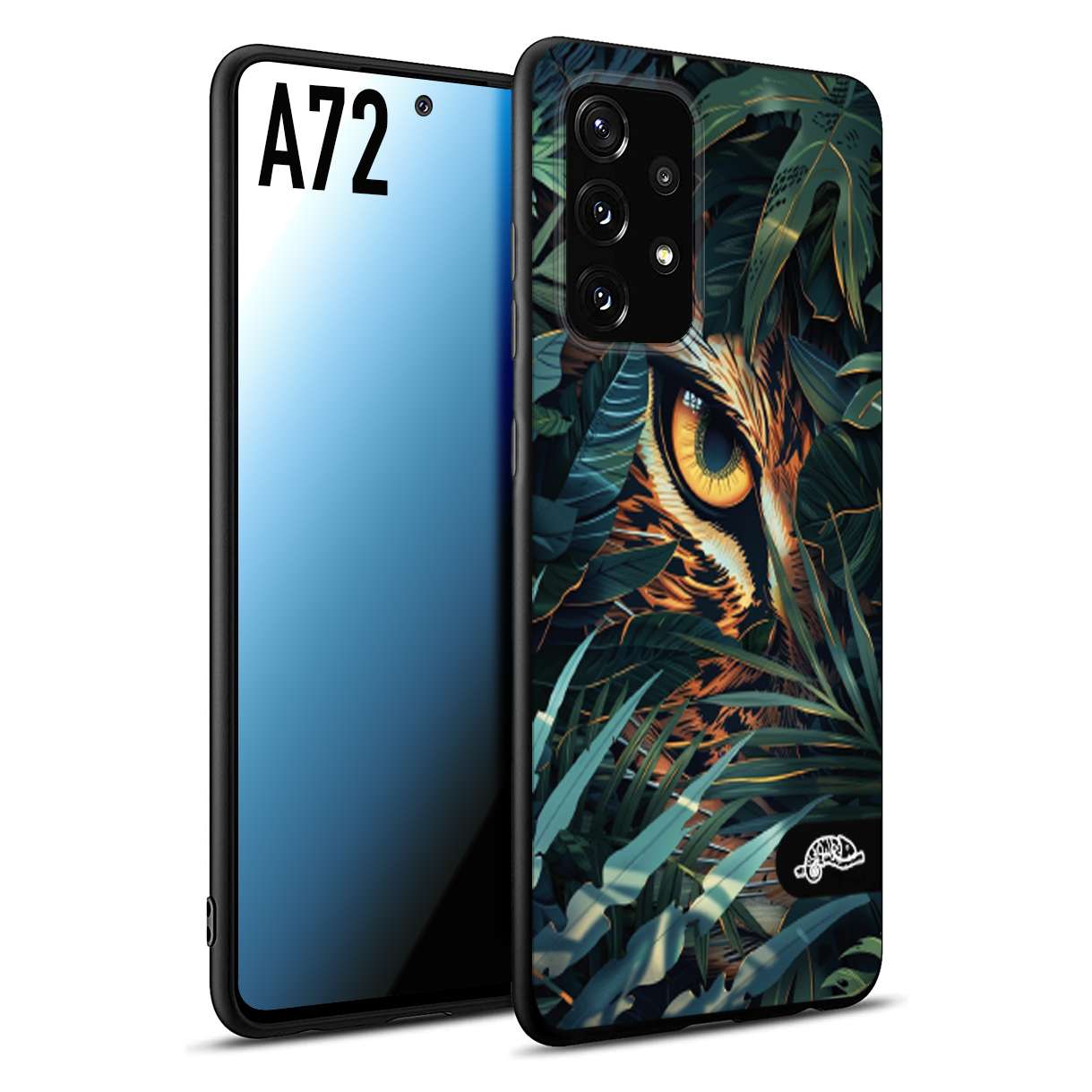CUSTOMIZZA - Custodia cover nera morbida in tpu compatibile per Samsung A72 animali color giungla tropicale occhio di giaguaro felino disegnato