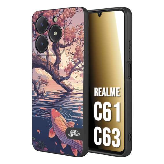 CUSTOMIZZA - Custodia cover nera morbida in tpu compatibile per Realme C61 - C63 giapponese lago carpa koi rosa con foglie d'acero disegnata tattoo