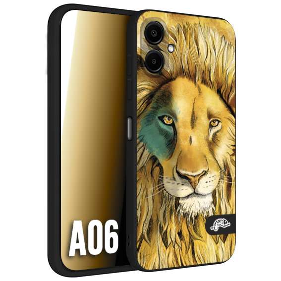 CUSTOMIZZA - Custodia cover nera morbida in tpu compatibile per Samsung A06 leone lion disegnato a mano giallo blu a rilievo artistico brown