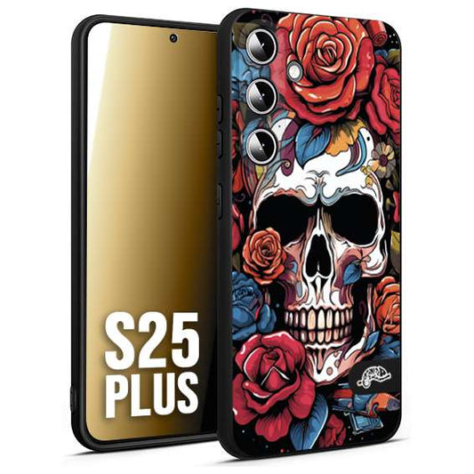 CUSTOMIZZA - Custodia cover nera morbida in tpu compatibile per Samsung S25 PLUS teschio skull flowers fiori rose rosse tattoo disegnato