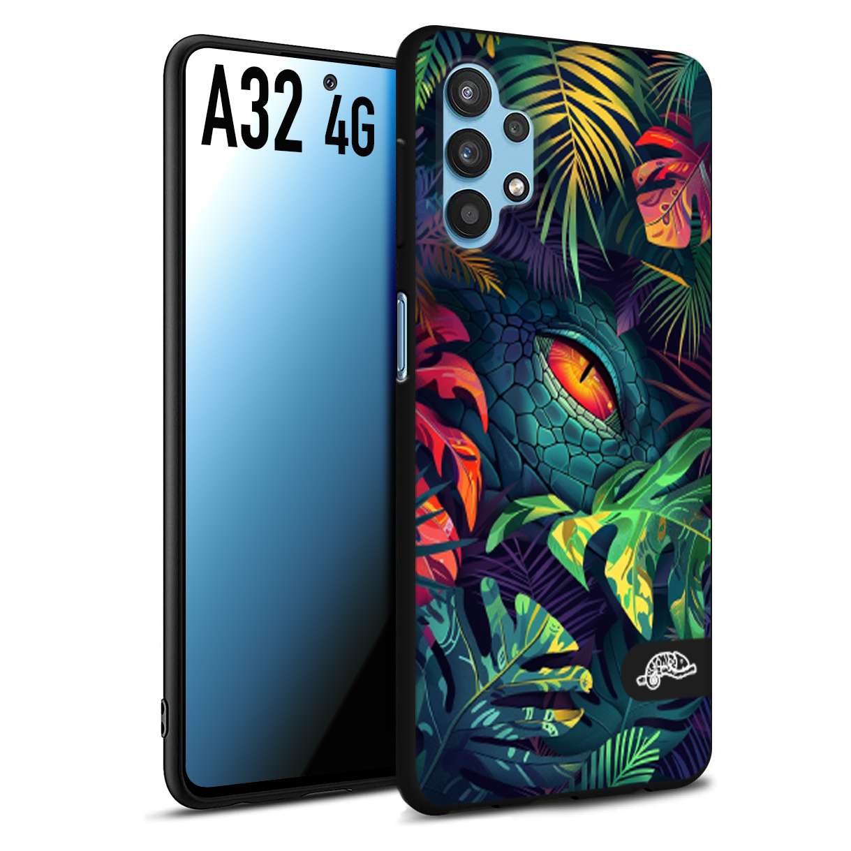 CUSTOMIZZA - Custodia cover nera morbida in tpu compatibile per Samsung A32 4G animali color giungla tropicale occhio di coccodrillo alligatore disegnato