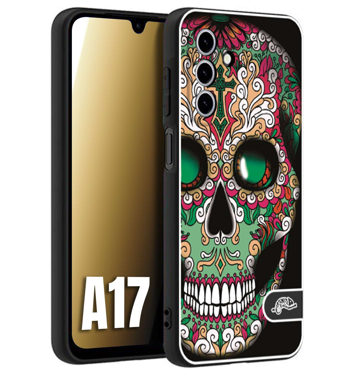 CUSTOMIZZA - Custodia cover nera morbida in tpu compatibile per Samsung A17 teschio messicano Mexican skull verde fucsia