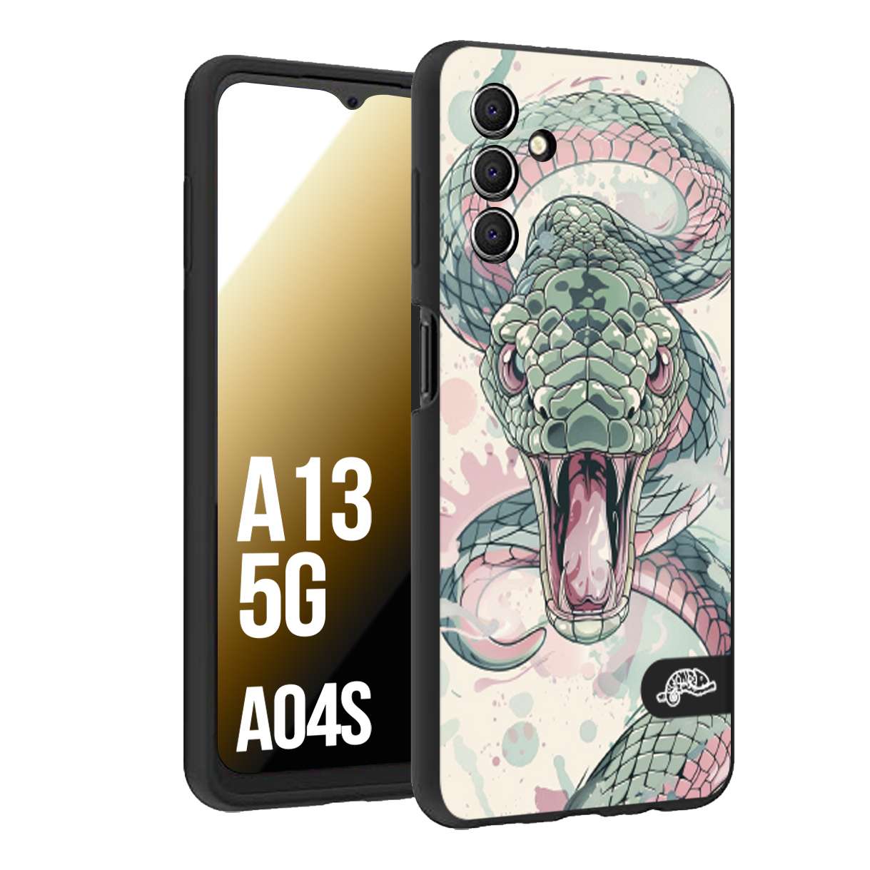 CUSTOMIZZA - Custodia cover nera morbida in tpu compatibile per Samsung A04S - A13 5G snake pink green serpente tatuaggio tattoo disegnato a mano