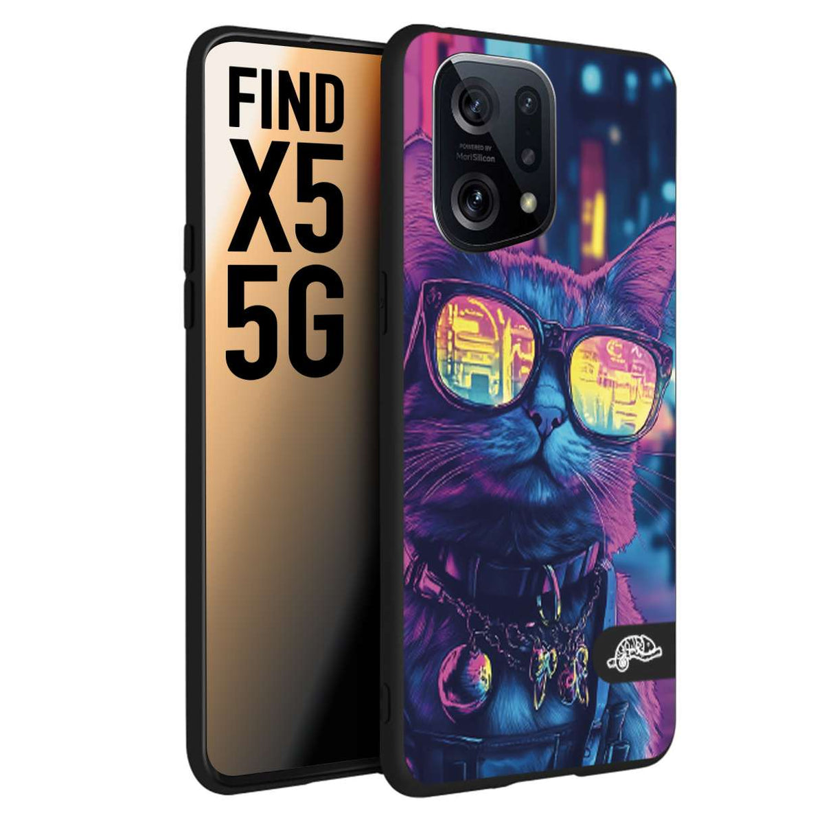 CUSTOMIZZA - Custodia cover nera morbida in tpu compatibile per Oppo Find X5 animali cyberpunk gatto street cat fucsia blu giallo