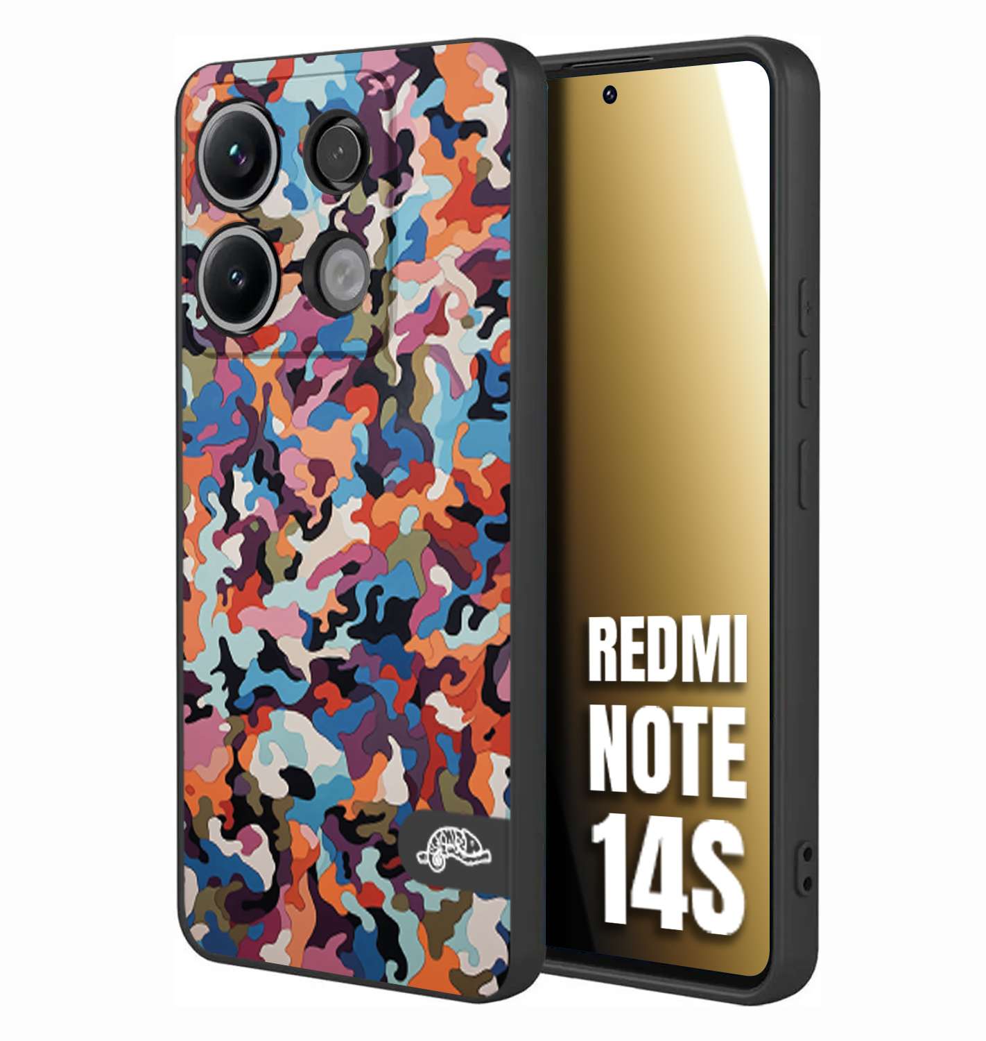 CUSTOMIZZA - Custodia cover nera morbida in tpu compatibile per Xiaomi Redmi Note 14S camouflage mimetico militare moderno blu arancio rosa