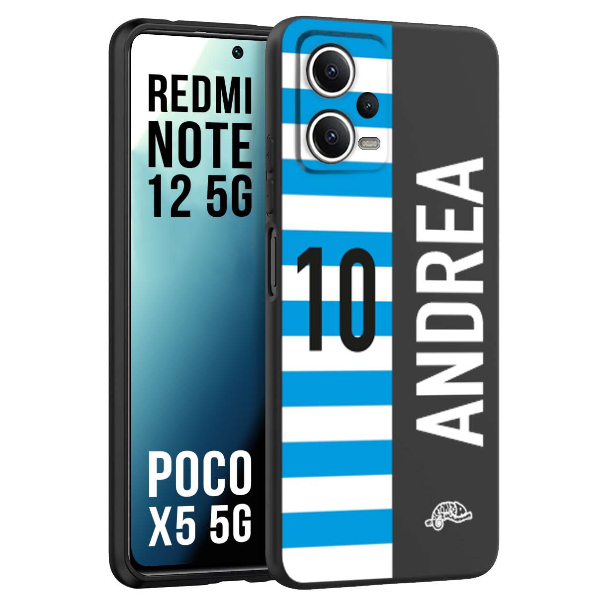CUSTOMIZZA - Custodia cover nera morbida in tpu compatibile per Xiaomi Redmi Note 12 5G - POCO X5 5G personalizzata calcio football nome e numero calciatori biancazzurri