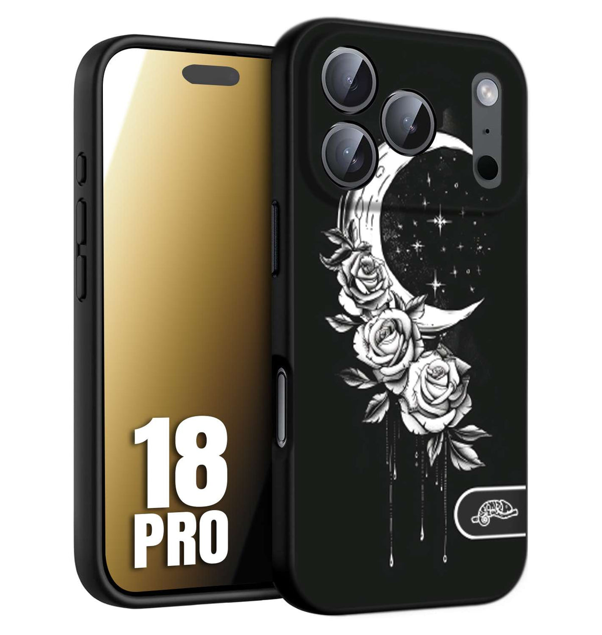 CUSTOMIZZA - Custodia cover nera morbida in tpu compatibile per iPhone 18 PRO luna e fiori moon flowers black and white bianco a rilievo disegnato