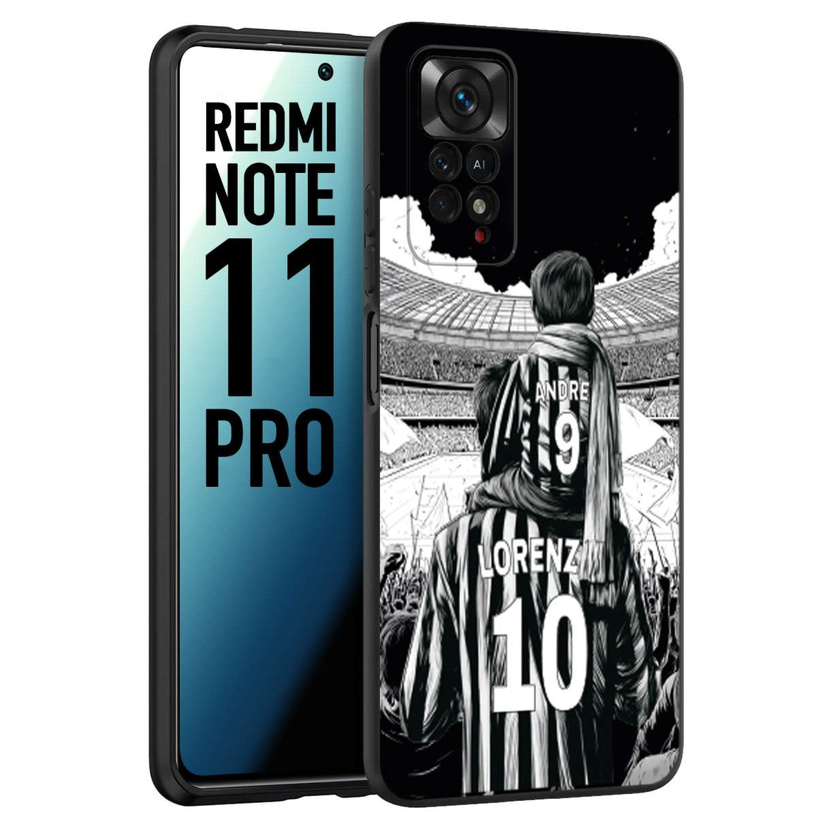 CUSTOMIZZA - Custodia cover nera morbida in tpu compatibile per Xiaomi Redmi Note 11 PRO personalizzata calcio football nome e numero calciatori bianconeri bianca e nera