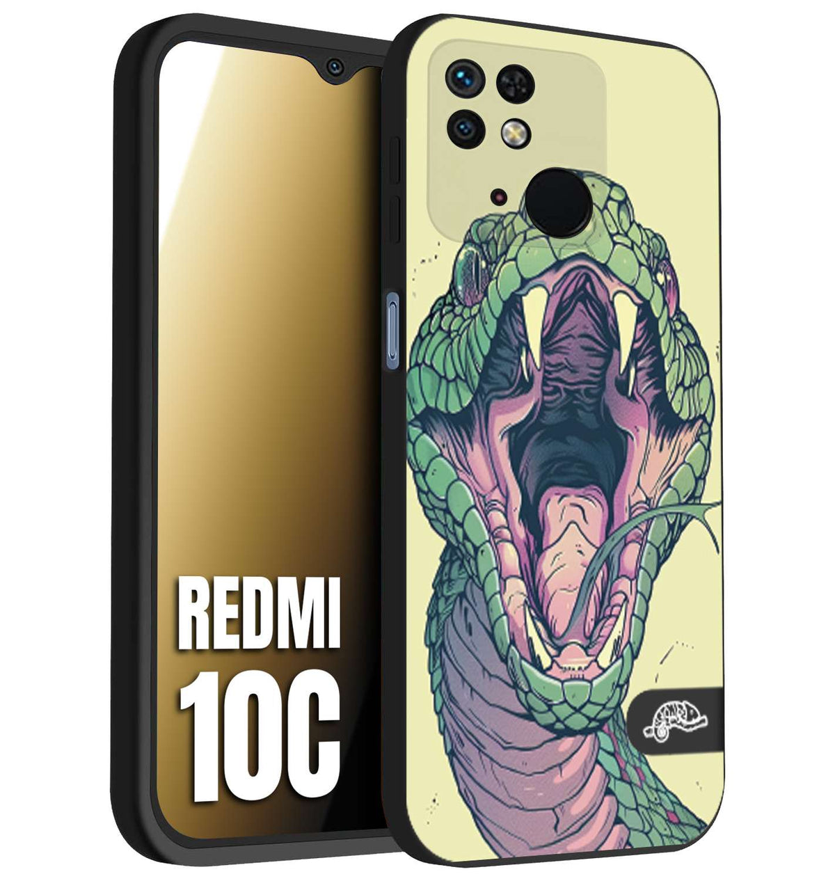 CUSTOMIZZA - Custodia cover nera morbida in tpu compatibile per Xiaomi Redmi 10C snake yellow green serpente tatuaggio tattoo disegnato a mano