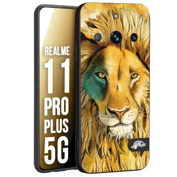 CUSTOMIZZA - Custodia cover nera morbida in tpu compatibile per Oppo Realme 11 PRO PLUS 5G leone lion disegnato a mano giallo blu a rilievo artistico brown