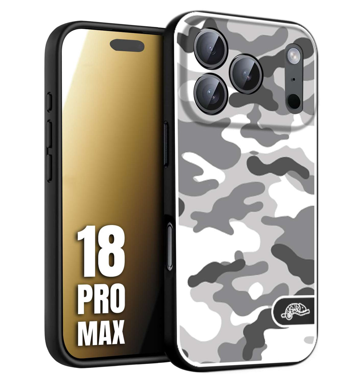 CUSTOMIZZA - Custodia cover nera morbida in tpu compatibile per iPhone 18 PRO MAX camouflage mimetico militare bianco white