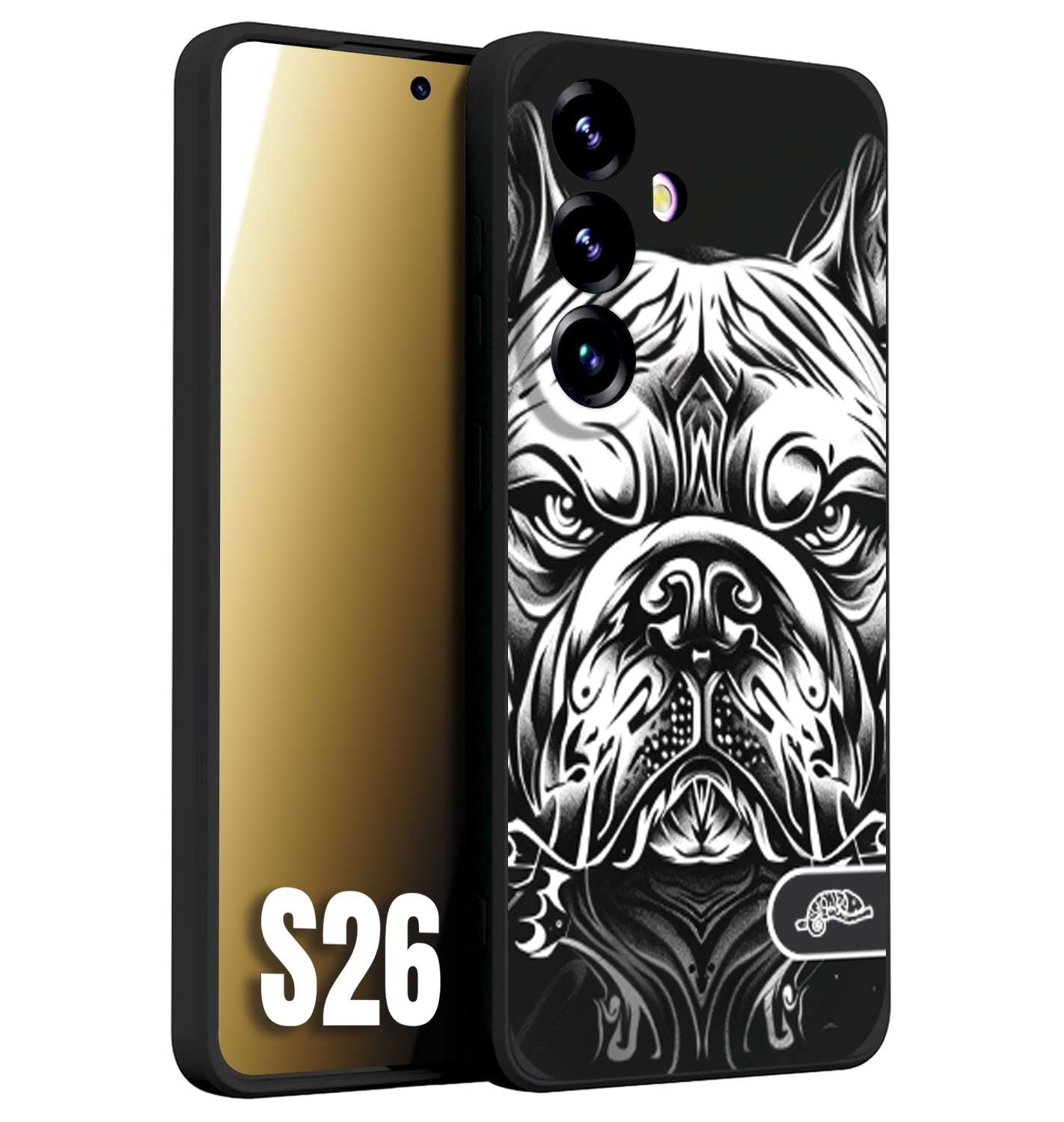 CUSTOMIZZA - Custodia cover nera morbida in tpu compatibile per Samsung S26 bulldog bianco a rilievo disegnato tattoo tatuaggio