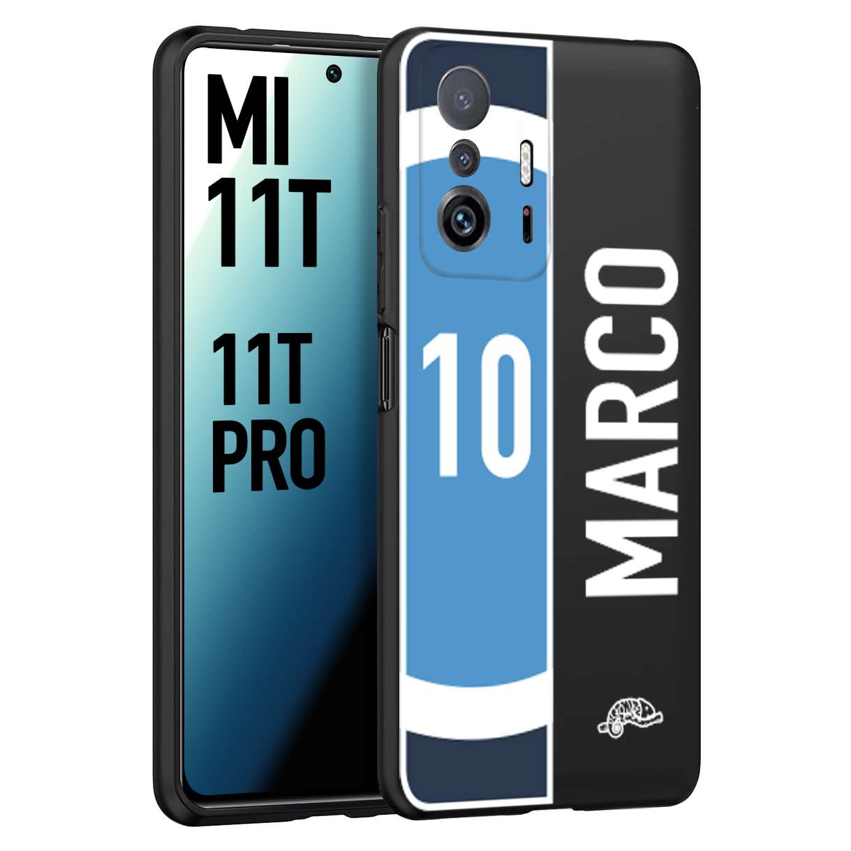 CUSTOMIZZA - Custodia cover nera morbida in tpu compatibile per Xiaomi Mi 11T - Mi 11T PRO personalizzata calcio football nome e numero calciatori biancoazzurri bianco celesti