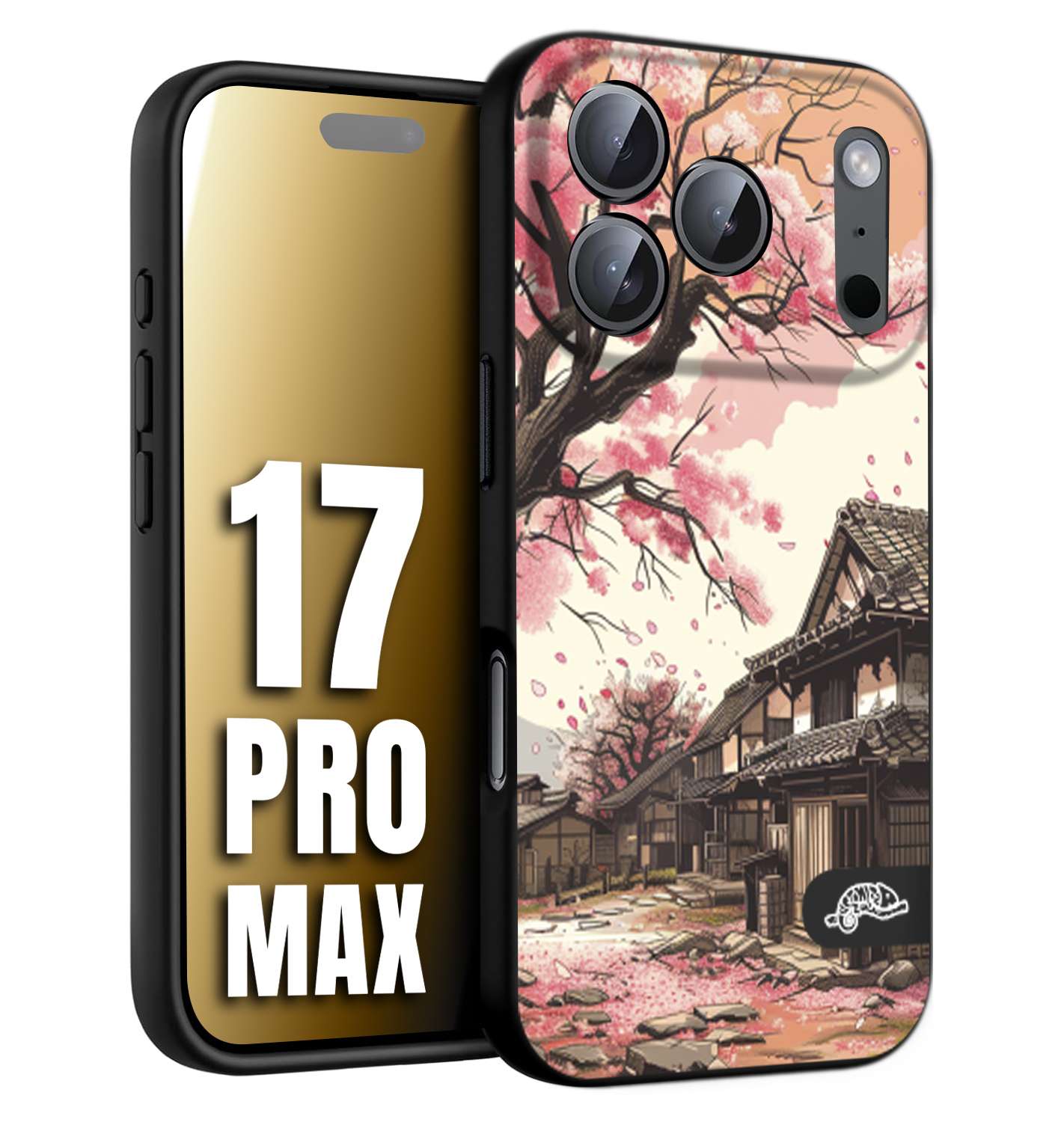 CUSTOMIZZA - Custodia cover nera morbida in tpu compatibile per iPhone 17 PRO MAX casa giapponese rosa ciliegio in fiore disegnata tattoo