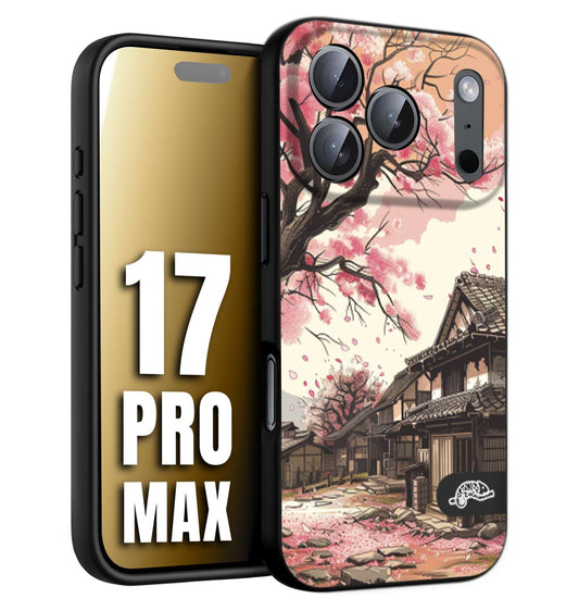 CUSTOMIZZA - Custodia cover nera morbida in tpu compatibile per iPhone 17 PRO MAX casa giapponese rosa ciliegio in fiore disegnata tattoo