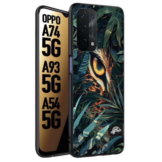 CUSTOMIZZA - Custodia cover nera morbida in tpu compatibile per Oppo A74 5G - A93 5G - A54 5G animali color giungla tropicale occhio di giaguaro felino disegnato