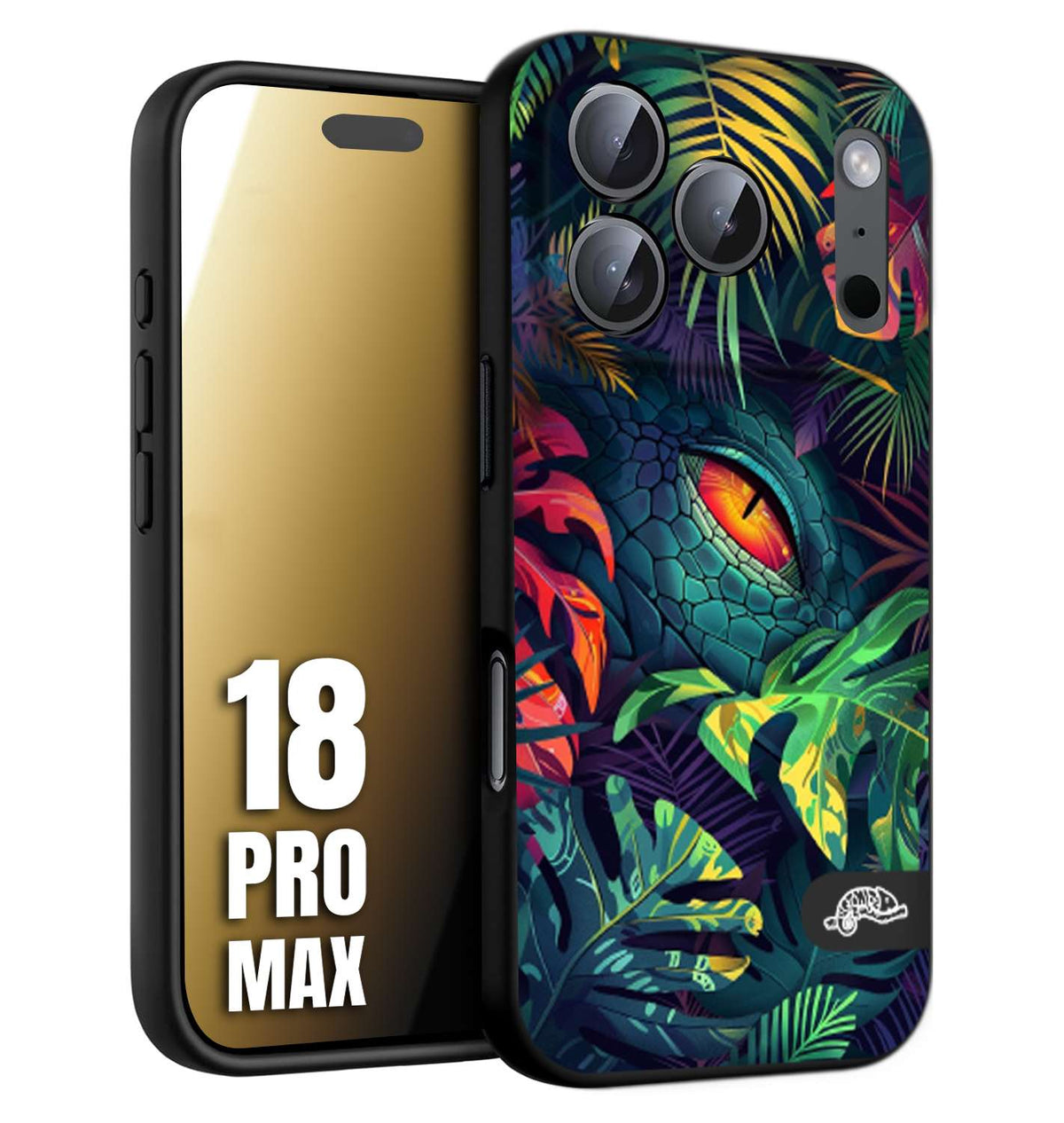 CUSTOMIZZA - Custodia cover nera morbida in tpu compatibile per iPhone 18 PRO MAX animali color giungla tropicale occhio di coccodrillo alligatore disegnato