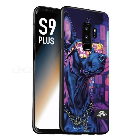 CUSTOMIZZA - Custodia cover nera morbida in tpu compatibile per Samsung S9 PLUS animali cyberpunk dobermann cane street dog fucsia blu night