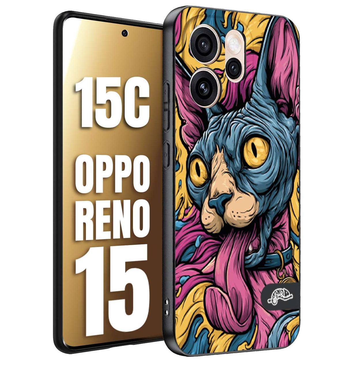 CUSTOMIZZA - Custodia cover nera morbida in tpu compatibile per Oppo Reno 15 - Reno 15CSphynx Colorato Pop Art Psichedelico Gatto Blu Rosa Giallo Artistica Fantasy