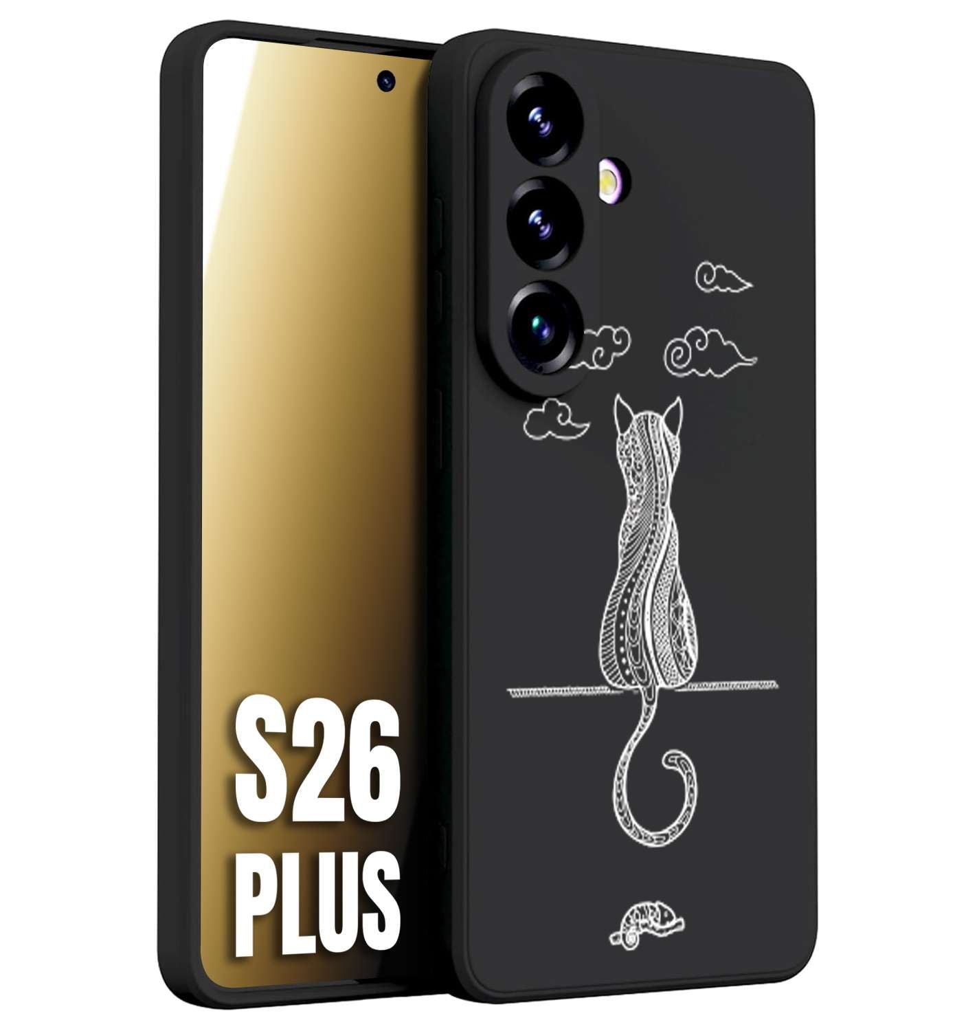 CUSTOMIZZA - Custodia cover nera morbida in tpu compatibile per Samsung S26 PLUS gatto mandala stilizzato gattino a rilievo soft touch donna bianca