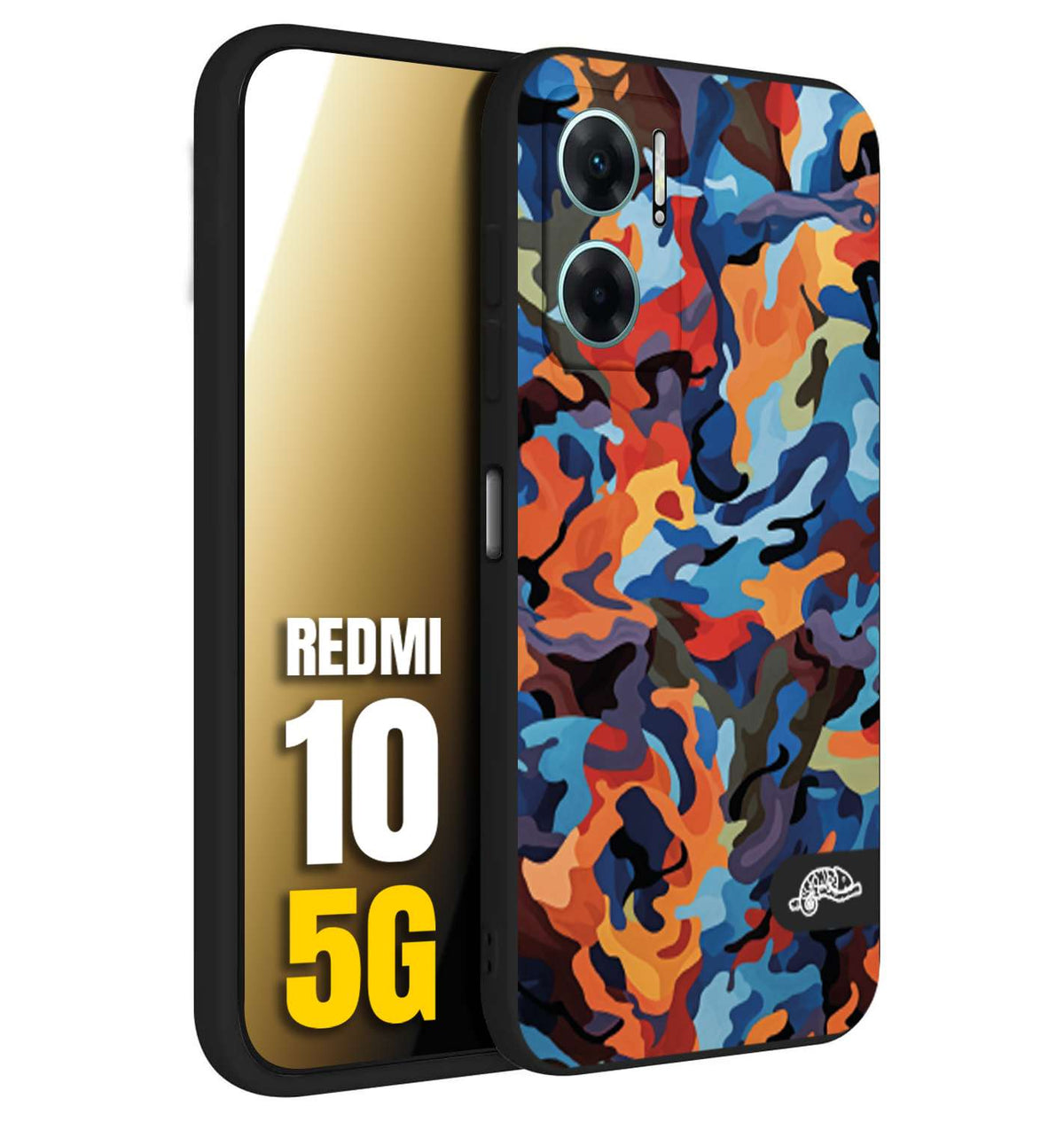 CUSTOMIZZA - Custodia cover nera morbida in tpu compatibile per Xiaomi Redmi 10 5G camouflage mimetico militare moderno blu arancio rosso