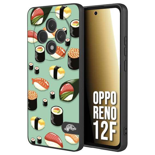 CUSTOMIZZA - Custodia cover nera morbida in tpu compatibile per Oppo Reno 12F sushi disegni giapponese nighiri acquamarina verde