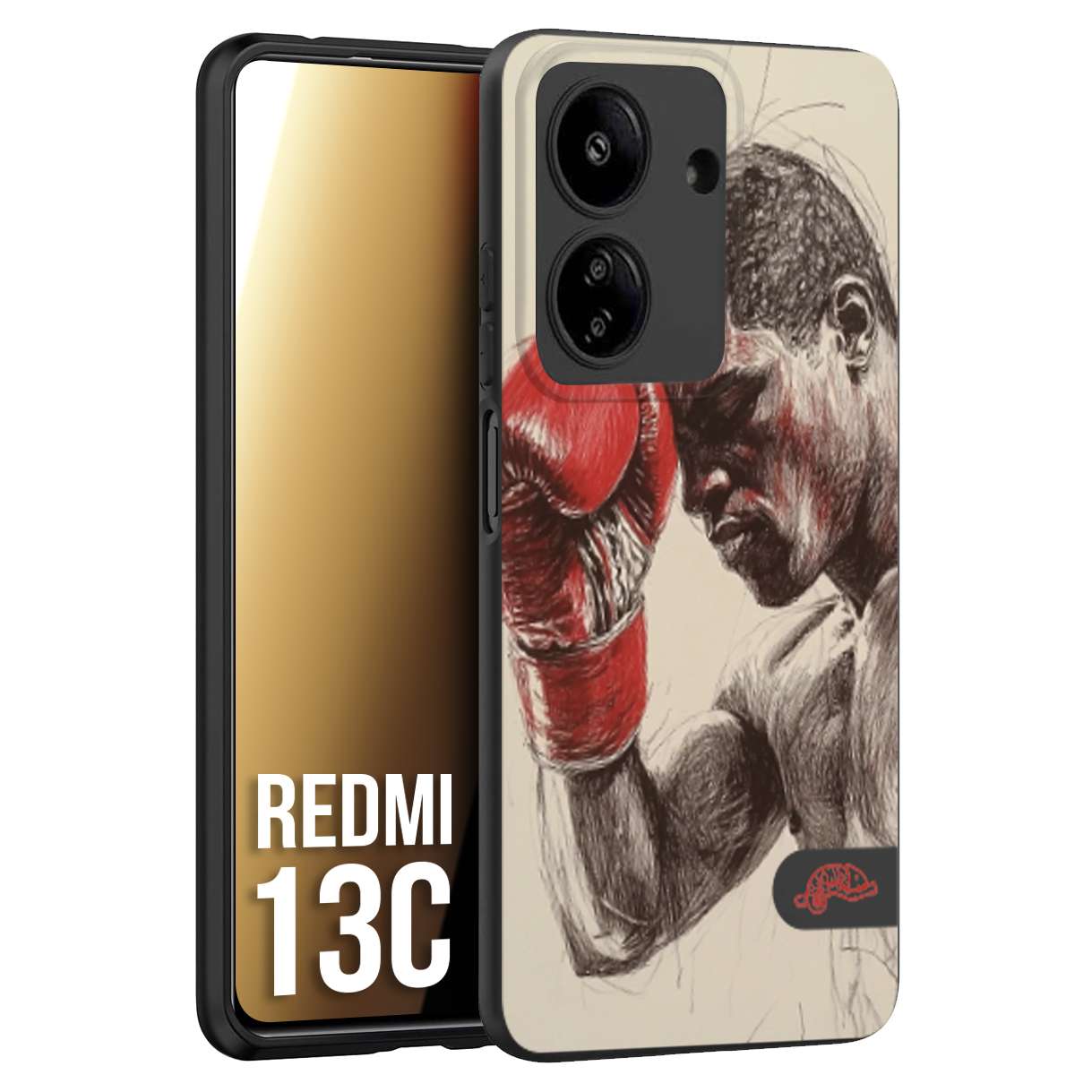 CUSTOMIZZA - Custodia cover nera morbida in tpu compatibile per Xiaomi Redmi 13C pugilato pugili disegno tattoo guantoni boxer pesi massimi