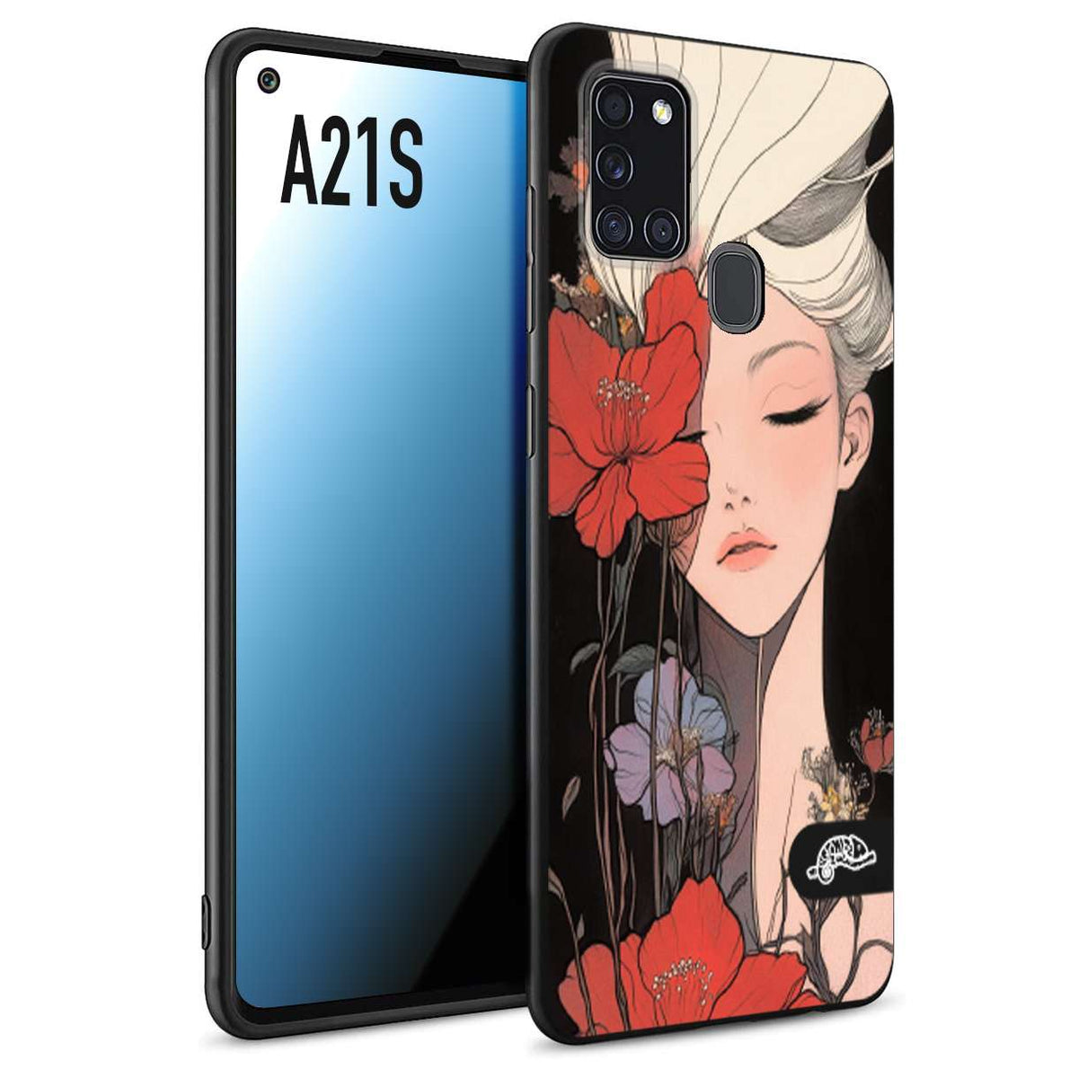 CUSTOMIZZA - Custodia cover nera morbida in tpu compatibile per Samsung A21S woman flower Fantasia Floreale Design Donna e Fiori, Retro Artistico