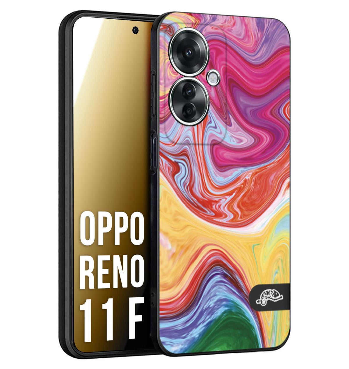 CUSTOMIZZA - Custodia cover nera morbida in tpu compatibile per Oppo Reno 11 F 5G colorata fantasia vortice marmo onde verde fucsia gialla