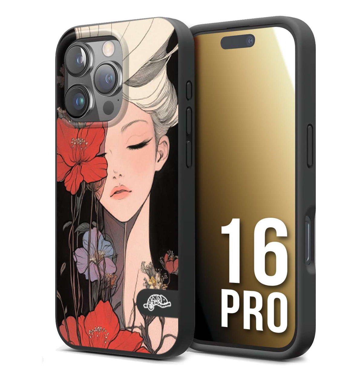 CUSTOMIZZA - Custodia cover nera morbida in tpu compatibile per iPhone 16 PRO woman flower Fantasia Floreale Design Donna e Fiori, Retro Artistico