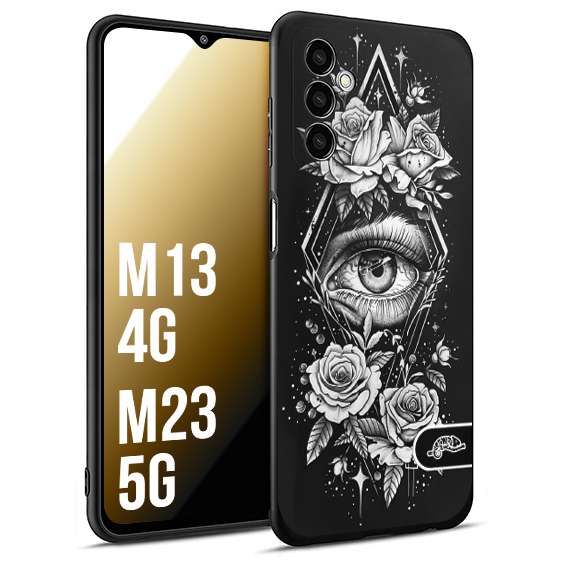 CUSTOMIZZA - Custodia cover nera morbida in tpu compatibile per Samsung M13 4G - M23 5G occhio fiori rombo geometrico black and white bianco a rilievo disegnato tattoo tatuaggio
