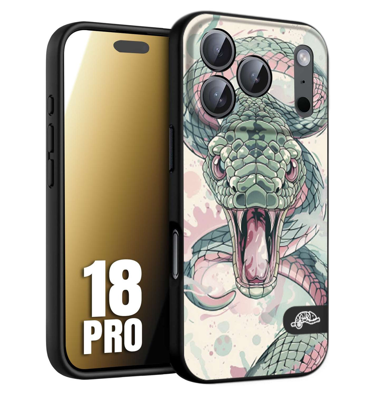 CUSTOMIZZA - Custodia cover nera morbida in tpu compatibile per iPhone 18 PRO snake pink green serpente tatuaggio tattoo disegnato a mano
