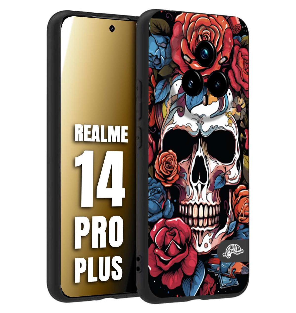 CUSTOMIZZA - Custodia cover nera morbida in tpu compatibile per Realme 14 PRO PLUS teschio skull flowers fiori rose rosse tattoo disegnato