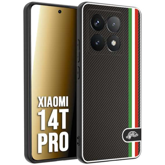 CUSTOMIZZA - Custodia cover nera morbida in tpu compatibile per Xiaomi 14T PRO effetto fibra di carbonio bandiera Italia made in Italy