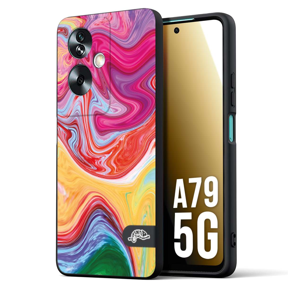 CUSTOMIZZA - Custodia cover nera morbida in tpu compatibile per Oppo A79 5G colorata fantasia vortice marmo onde verde fucsia gialla