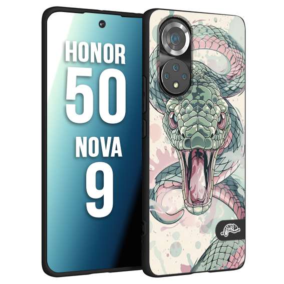 CUSTOMIZZA - Custodia cover nera morbida in tpu compatibile per Huawei Nova 9 - Honor 50 snake pink green serpente tatuaggio tattoo disegnato a mano